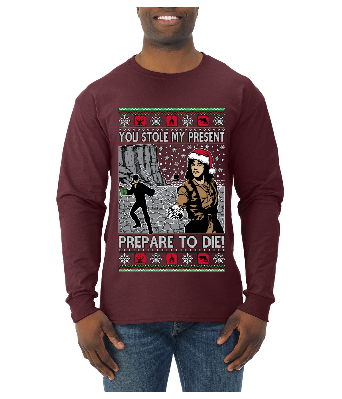 You Stole My Present Prepare To Die Cult Classic, Ugly Christmas Sweater Unisex Mens Long Sleeve Shirt