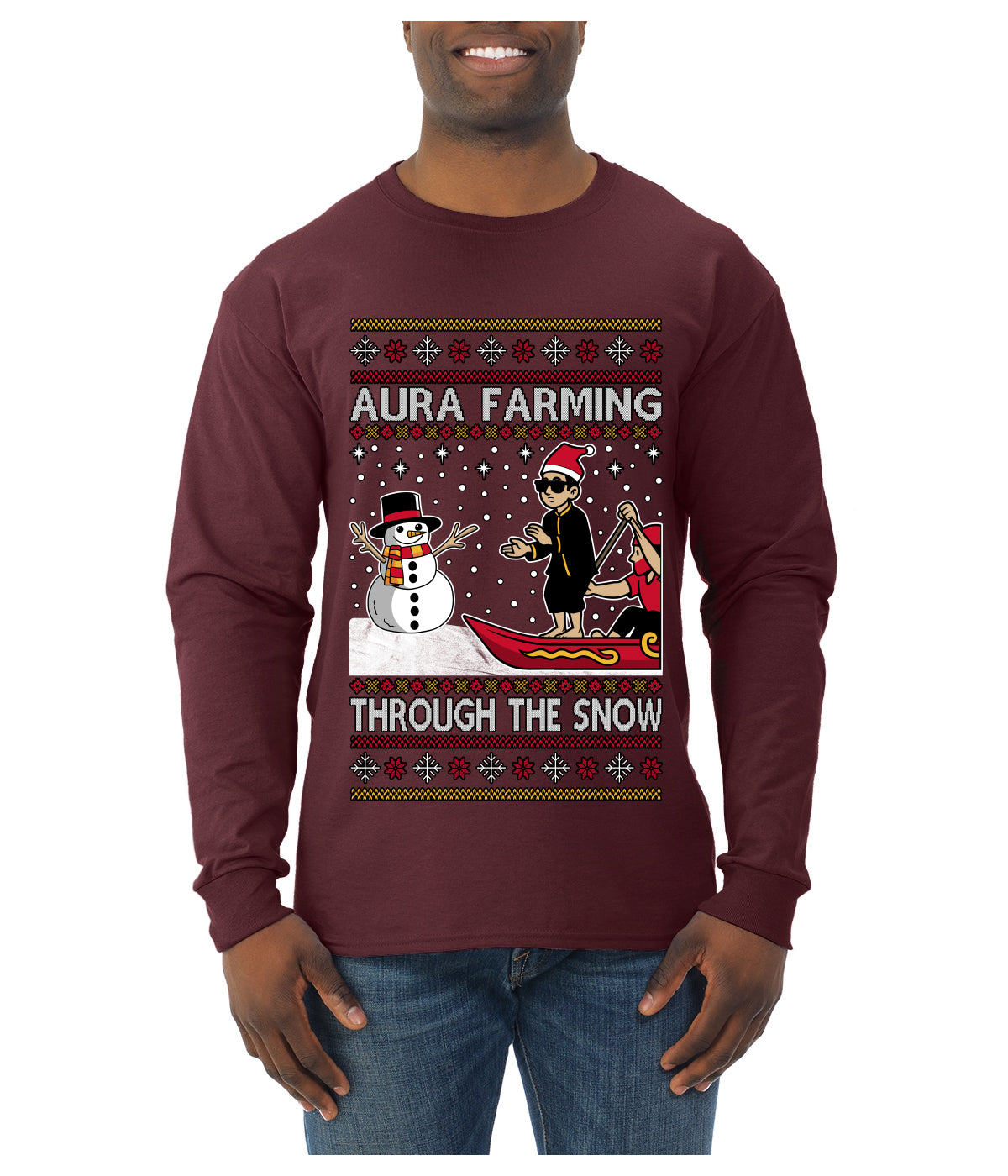 Aura Farming Through The Snow Meme, Ugly Christmas Sweater Unisex Mens Long Sleeve Shirt