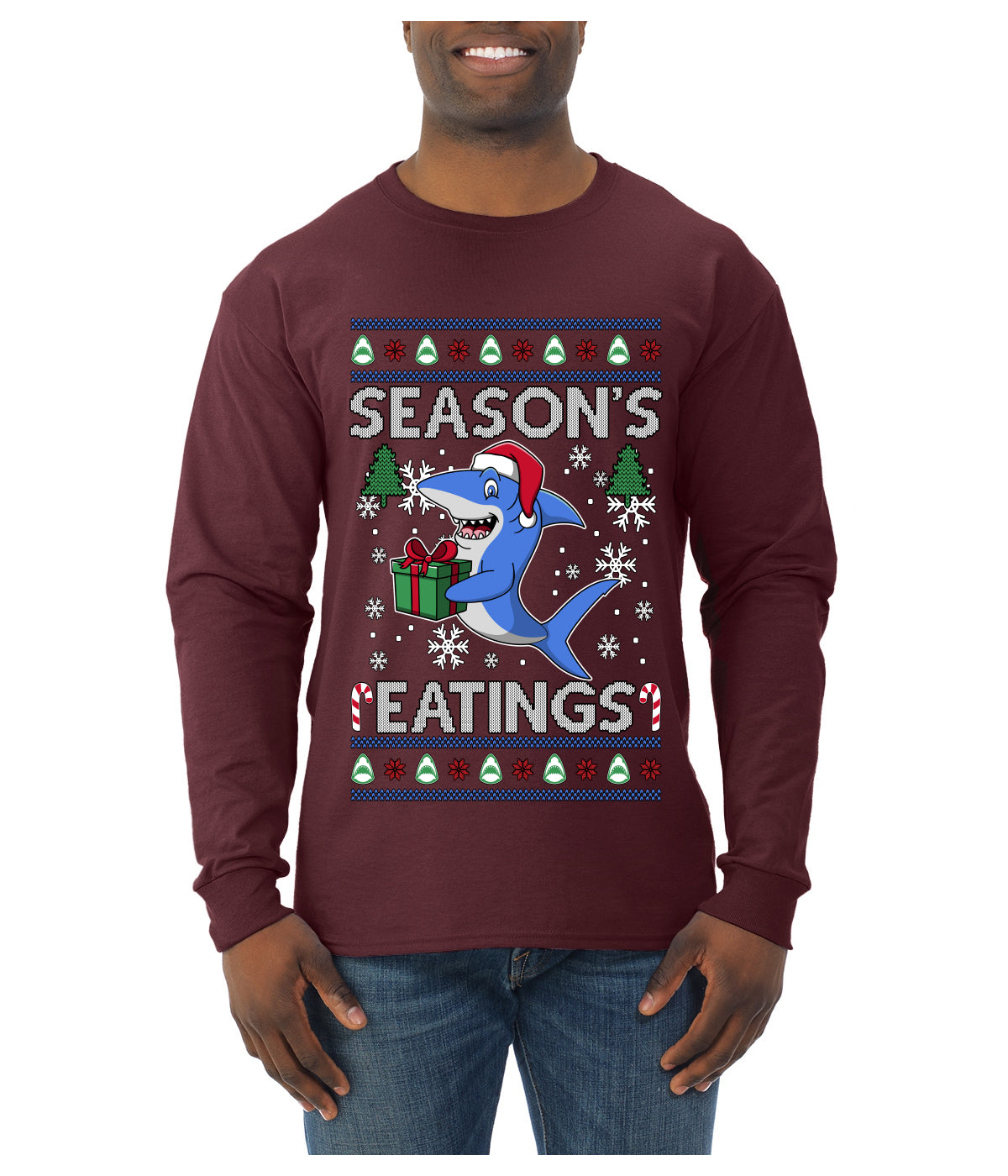 Season's Eatings Shark, Ugly Christmas Sweater Unisex Mens Long Sleeve Shirt