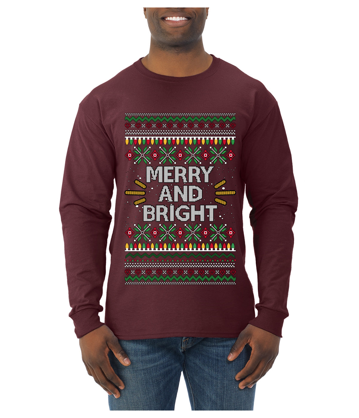 Merry And Bright, Ugly Christmas Sweater Unisex Mens Long Sleeve Shirt