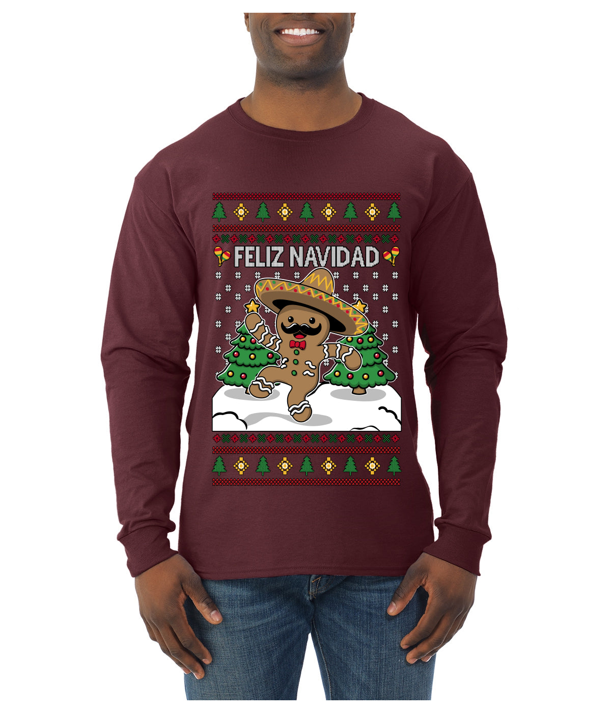 Feliz Navidad Dancing Gingerbread Man, Ugly Christmas Sweater Unisex Mens Long Sleeve Shirt