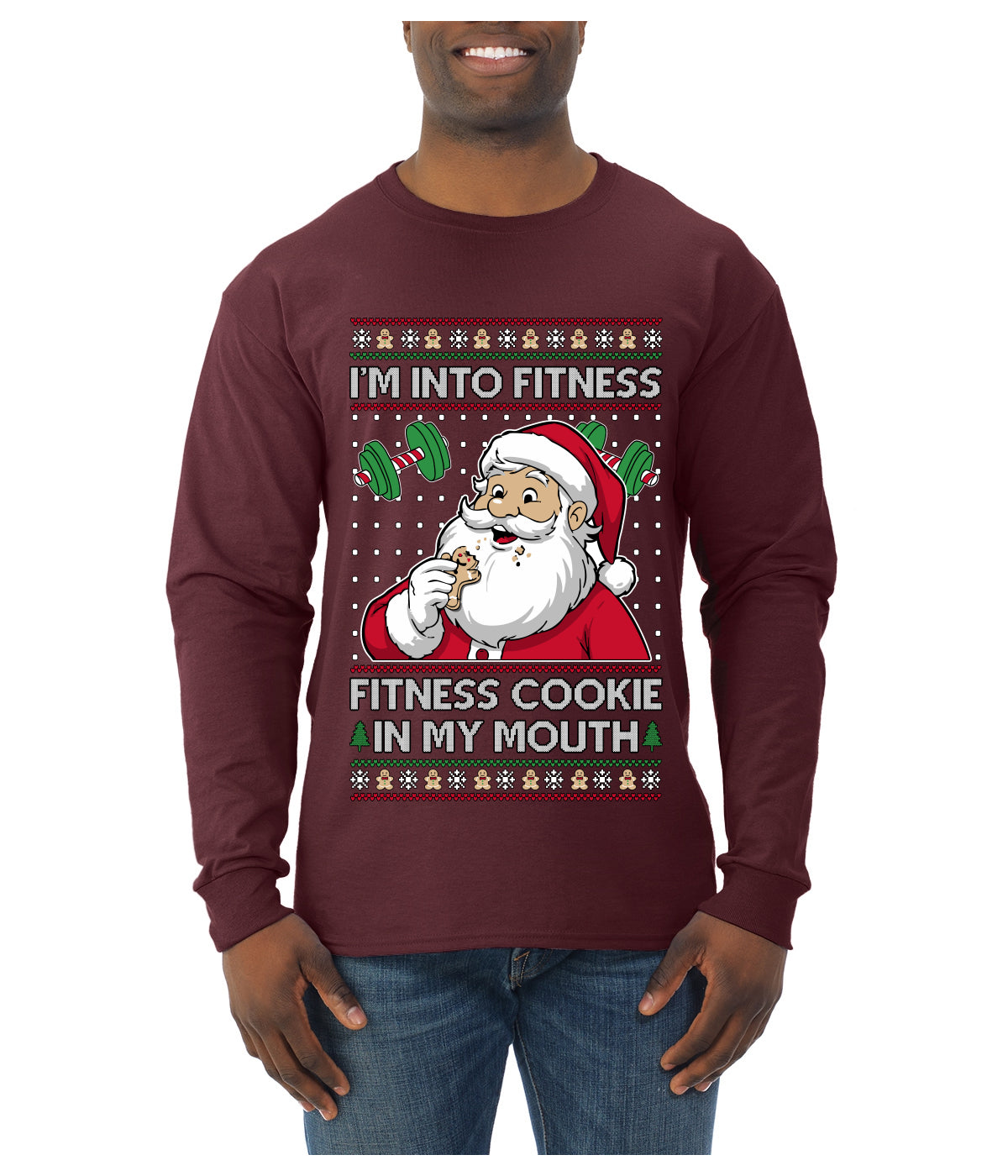 I'm Into Fitness Cookie In My Mouth Santa, Ugly Christmas Sweater Unisex Mens Long Sleeve Shirt