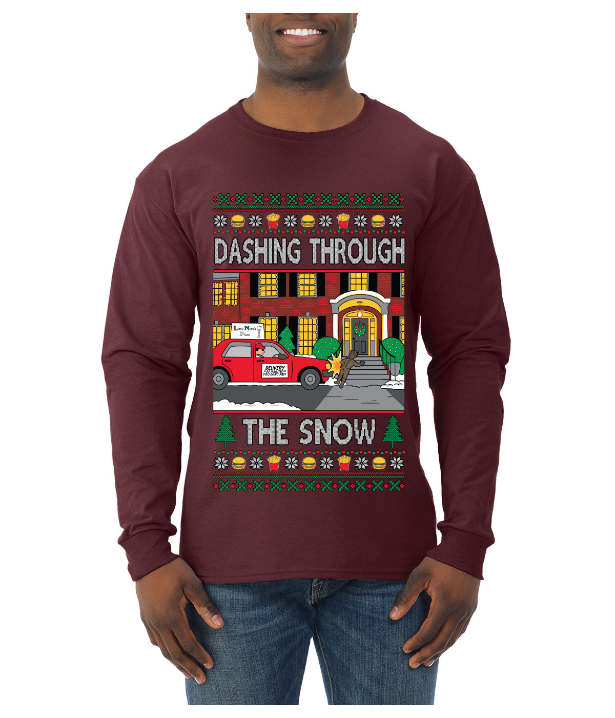 Dashing Through The Snow Classic 90s Holiday Movie, Ugly Christmas Sweater Unisex Mens Long Sleeve Shirt