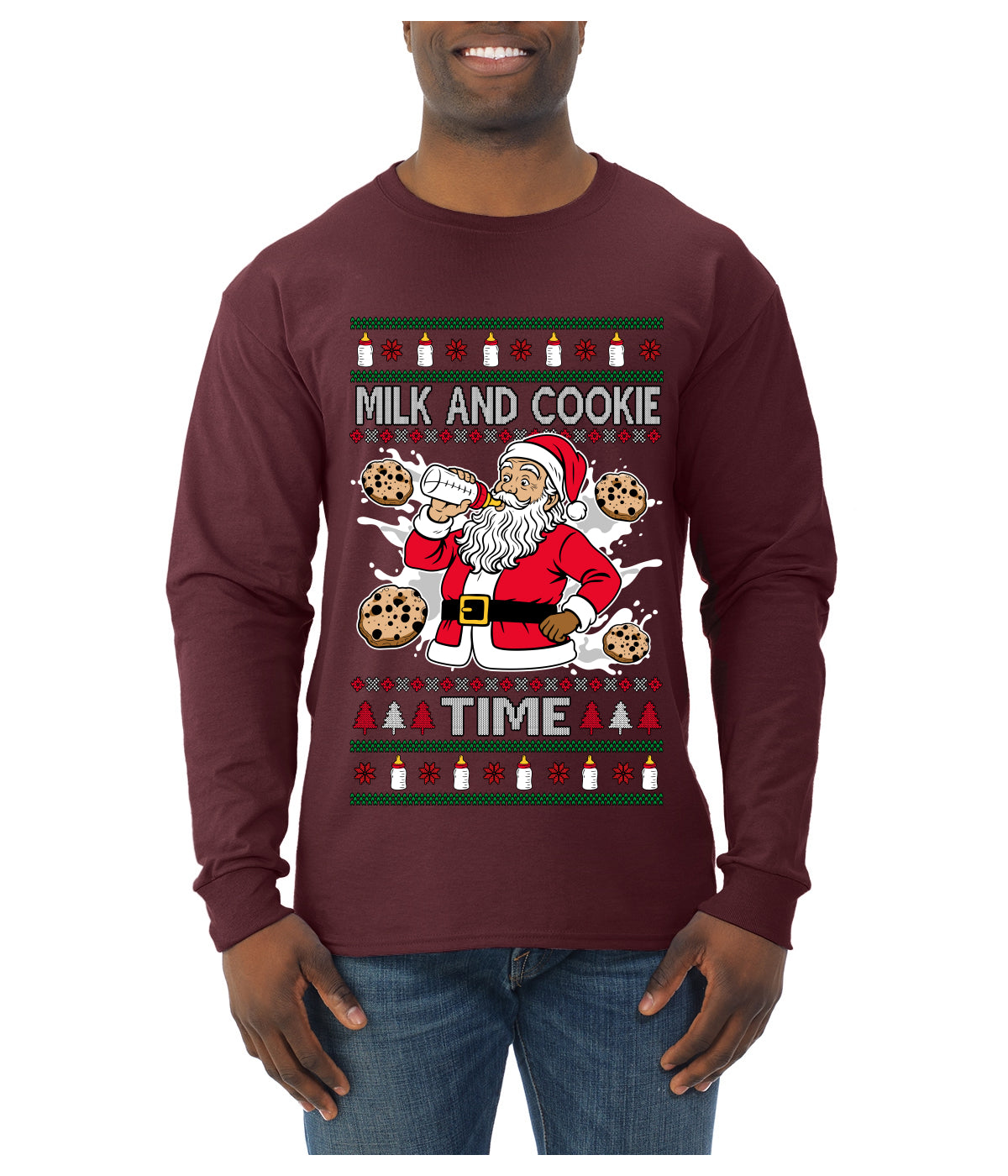 Milk And Cookie Time, Ugly Christmas Sweater Unisex Mens Long Sleeve Shirt