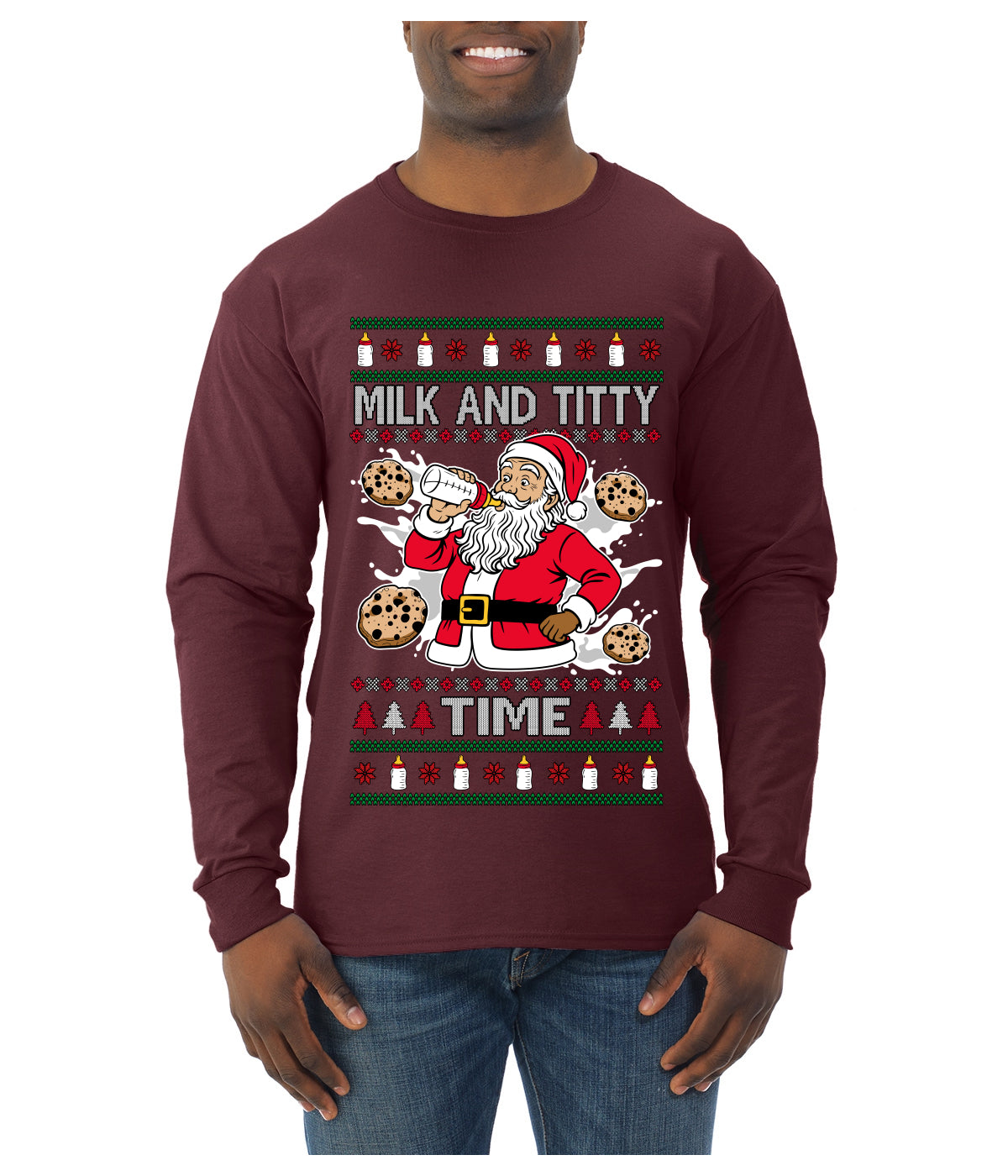 Milk And Titty Time, Ugly Christmas Sweater Unisex Mens Long Sleeve Shirt