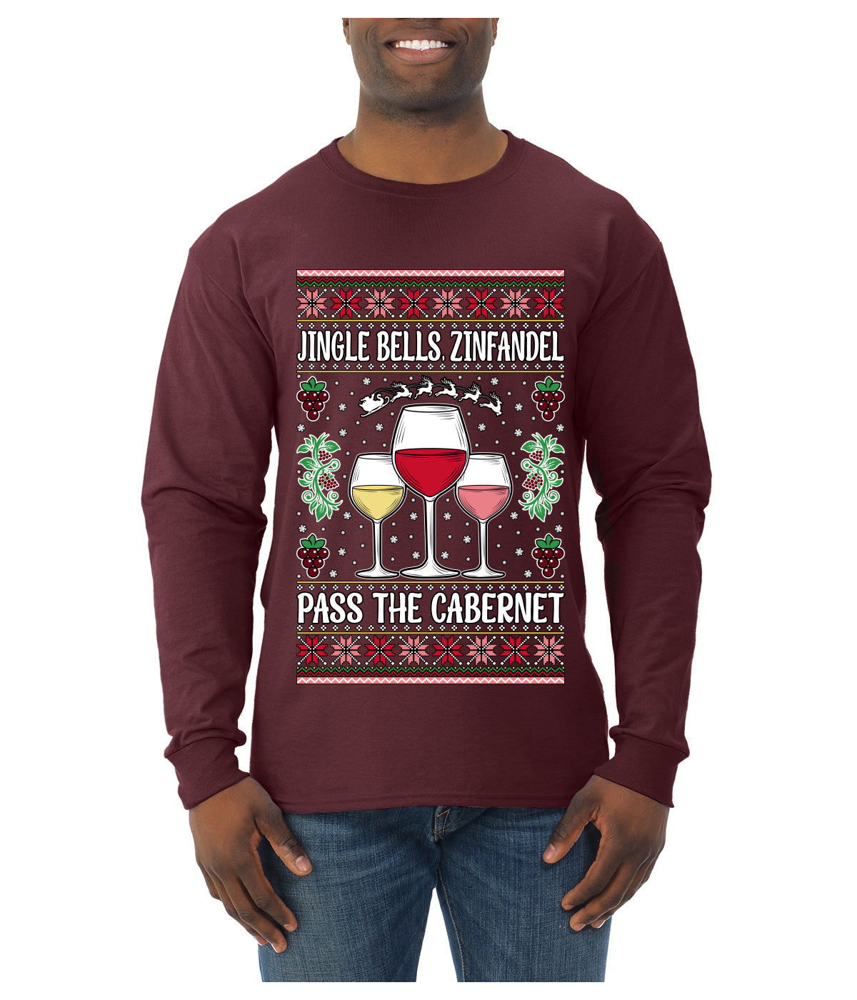 Jingle Bells, Zinfandel Pass The Cabernet Wine Drinker, Ugly Christmas Sweater Unisex Mens Long Sleeve Shirt