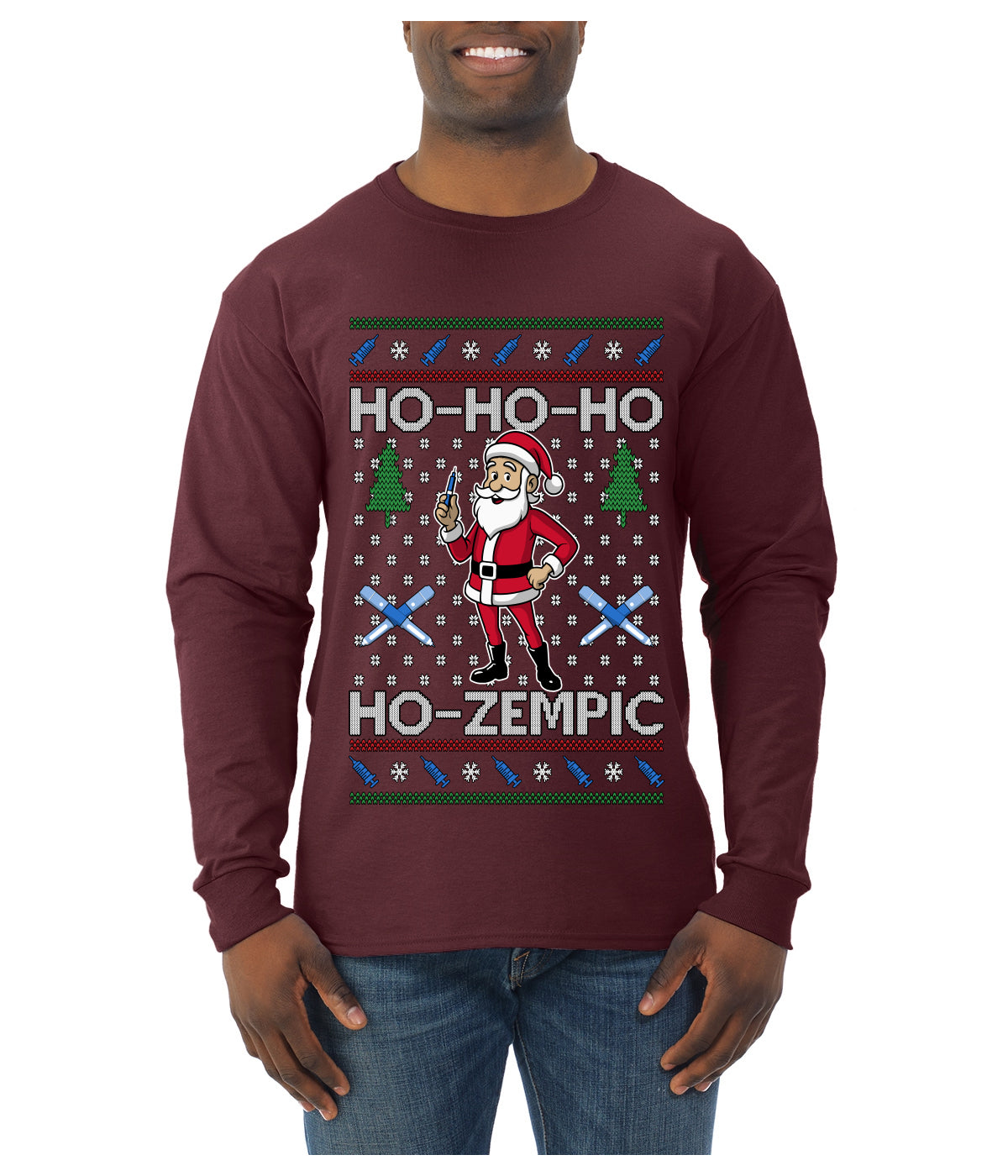 Skinny Santa Ho Ho Ho Ho-Zempic Weight Loss Shot, Ugly Christmas Sweater Unisex Mens Long Sleeve Shirt