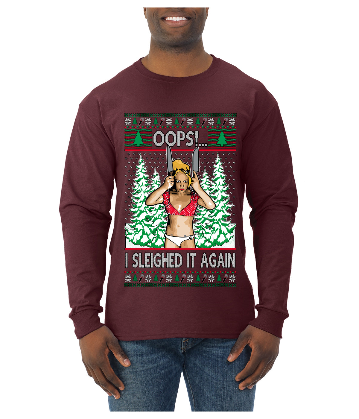 Funny, Knives Popstar Dancing, Music Lover Comedic Christmas Sweater Design, Ugly Christmas Sweater Unisex Mens Long Sleeve Shirt