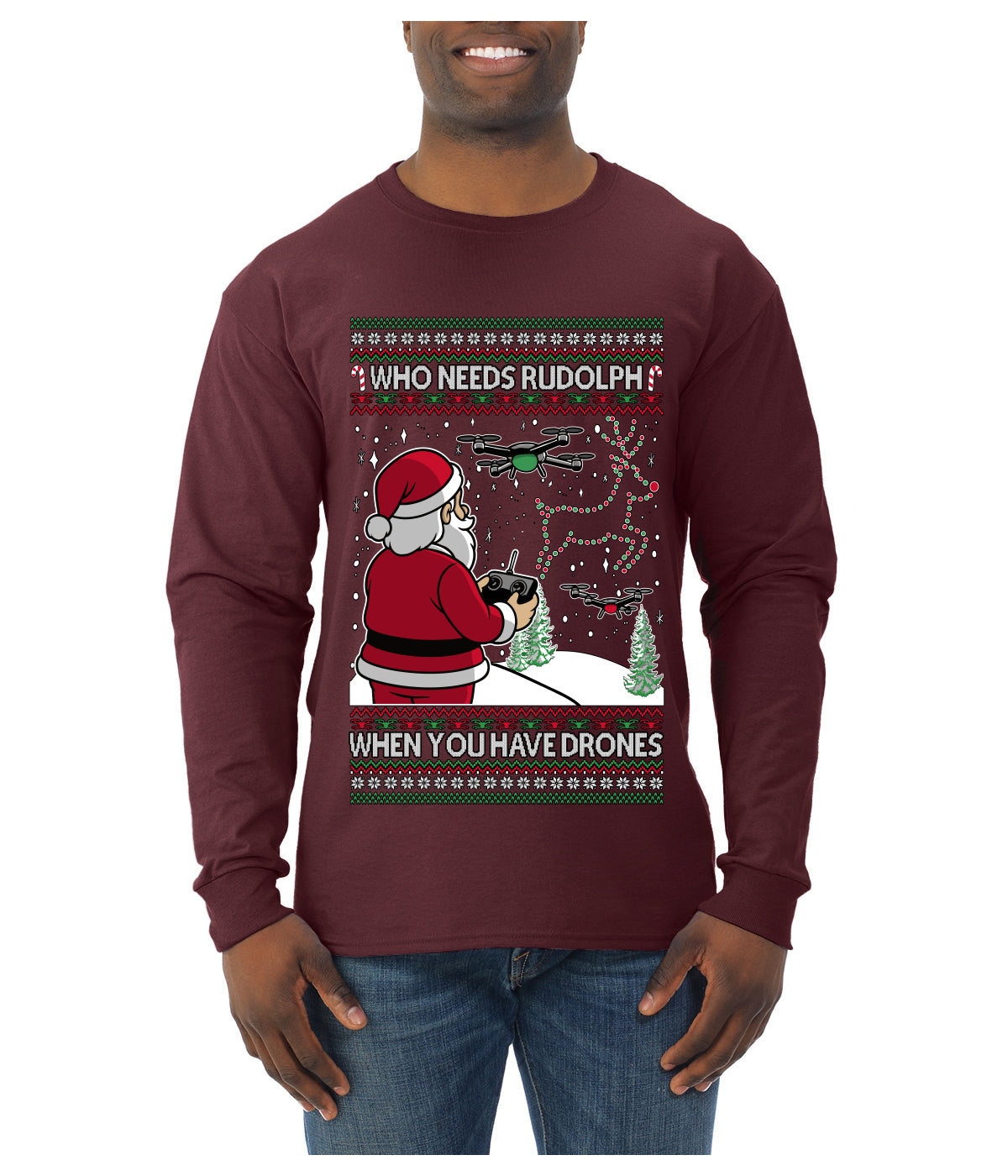 Santa Drone Show Reindeer, Ugly Christmas Sweater Unisex Mens Long Sleeve Shirt