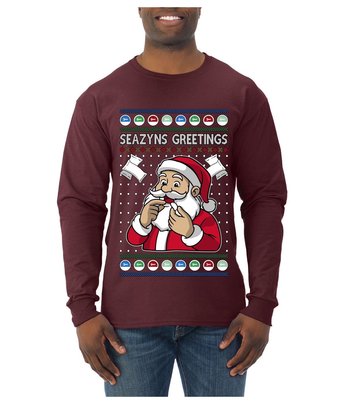 Seazyns Greeting Santa Packing Lip Pouch, Ugly Christmas Sweater Unisex Mens Long Sleeve Shirt