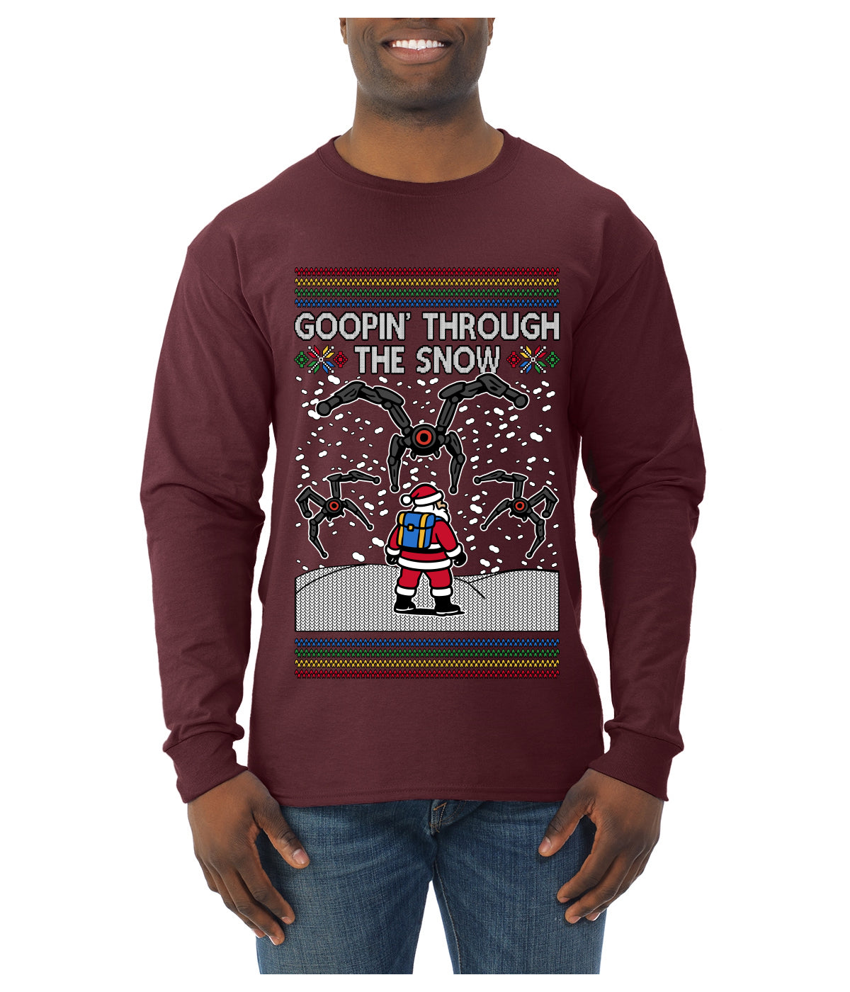 Goopin' Through The Snow Gamer Santa, Ugly Christmas Sweater Unisex Mens Long Sleeve Shirt