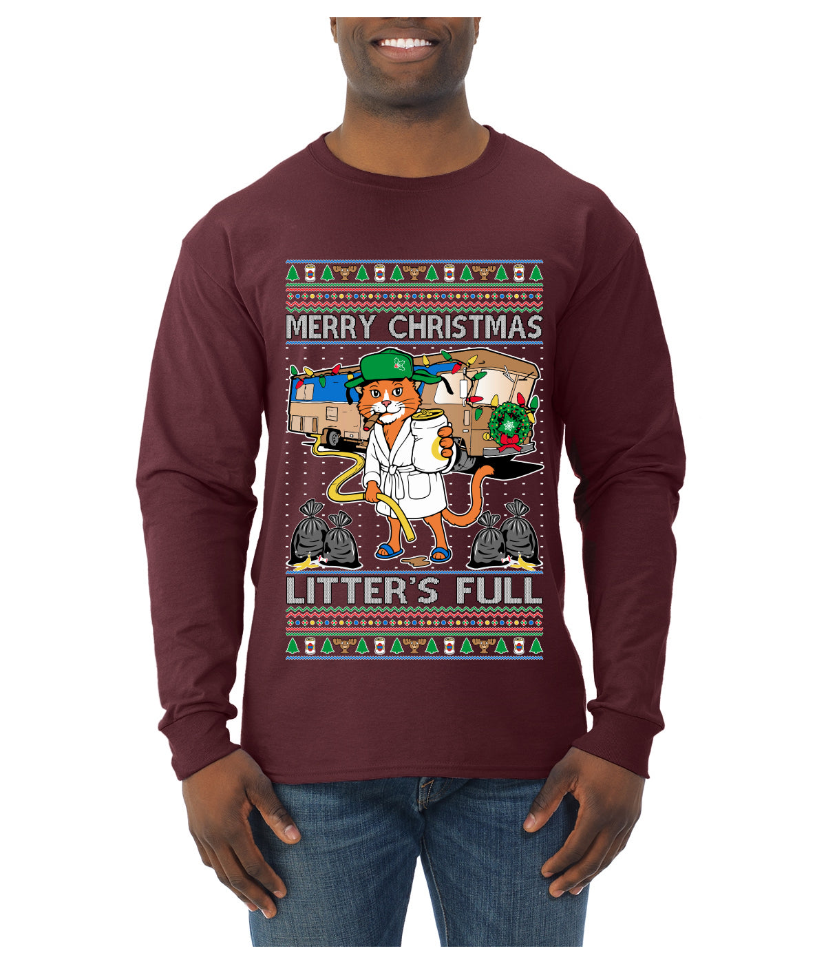Litters Full Cat, Ugly Christmas Sweater Unisex Mens Long Sleeve Shirt