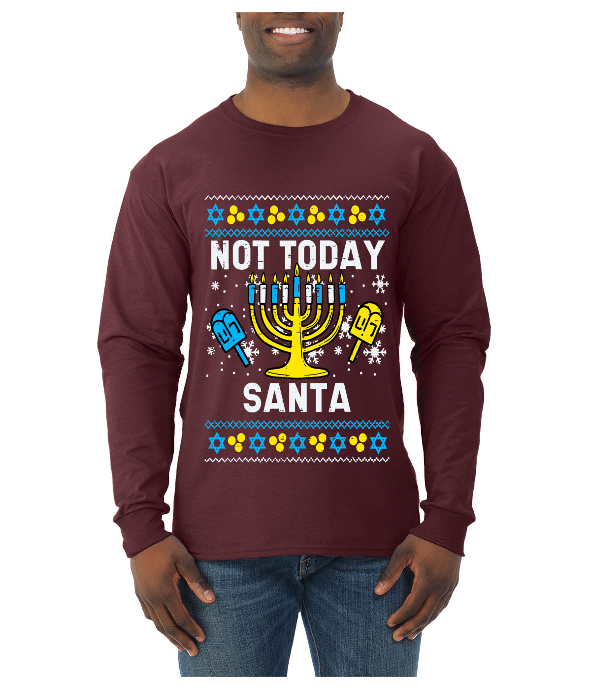 Not Today Santa Menorah Hanukkah, Ugly Christmas Sweater Unisex Mens Long Sleeve Shirt