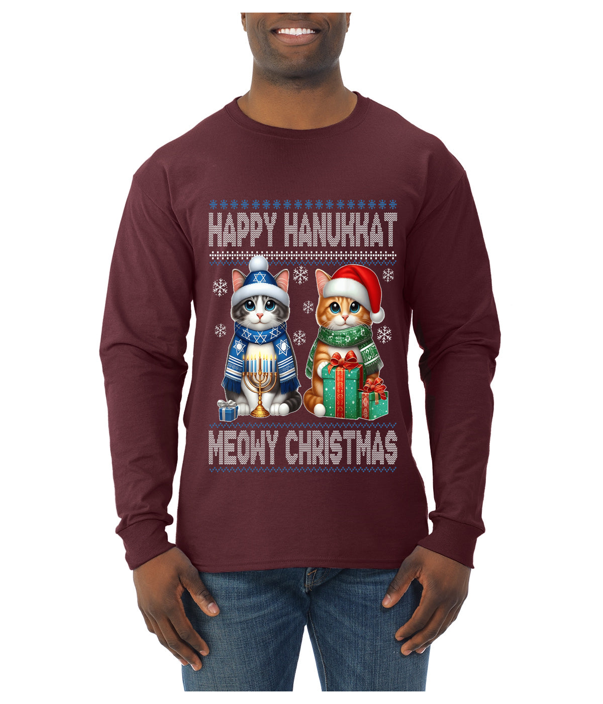 Happy Hanukkat Meowy Christmas, Ugly Christmas Sweater Unisex Mens Long Sleeve Shirt