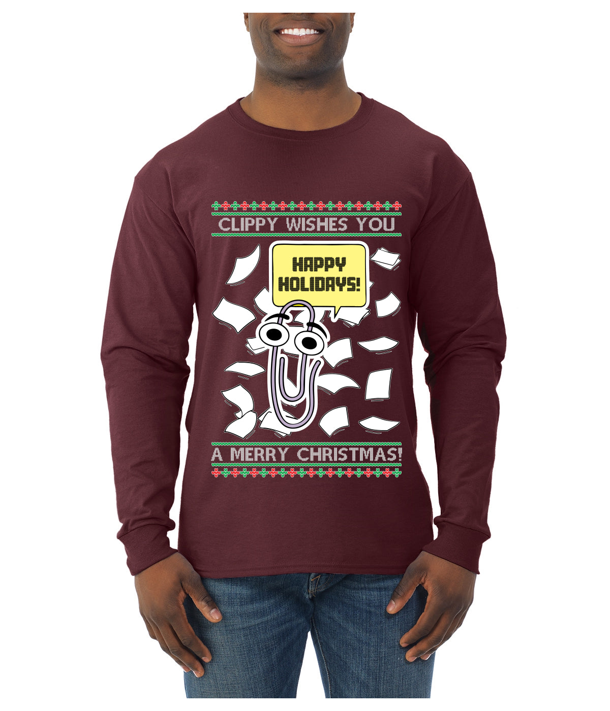 Clippy Wishes You A Merry Christmas Office Assistant, Ugly Christmas Sweater Unisex Mens Long Sleeve Shirt