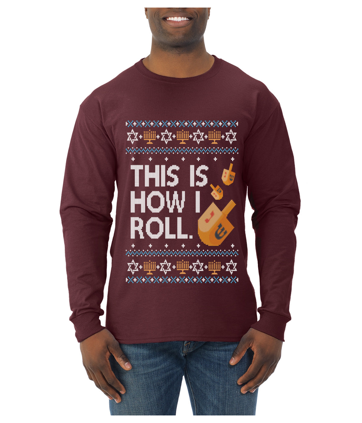 This Is How I Roll Dreidel Hanukkah, Ugly Christmas Sweater Unisex Mens Long Sleeve Shirt
