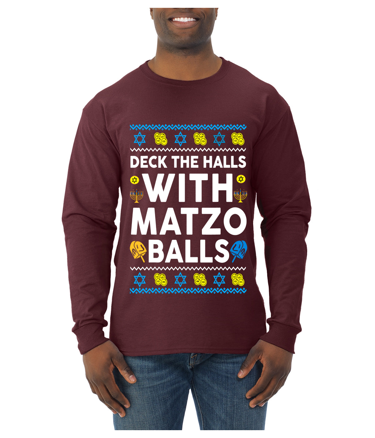 Deck The Halls With Matzo Balls Hanukkah, Ugly Christmas Sweater Unisex Mens Long Sleeve Shirt
