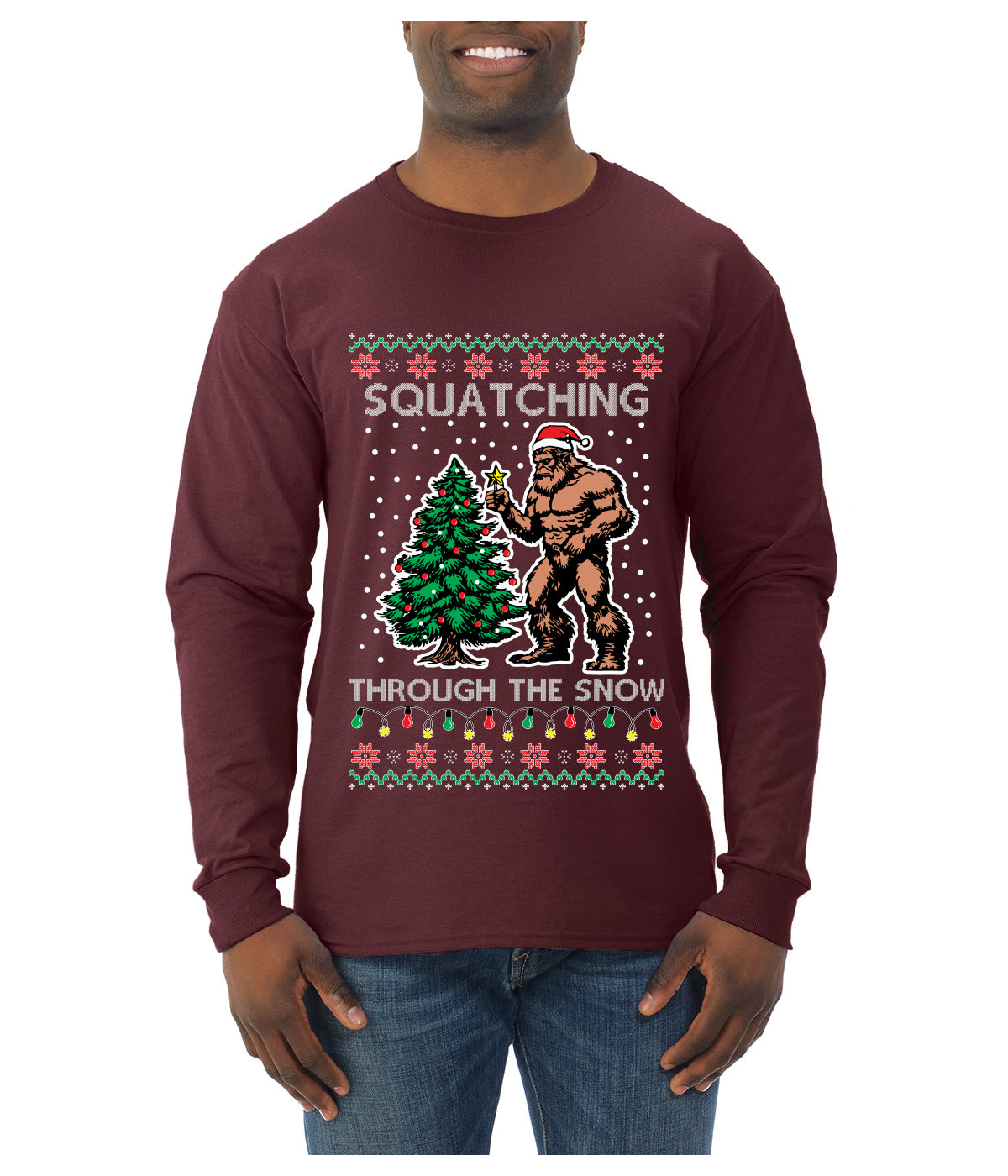 Squatching Through The Snow Bigfoot, Ugly Christmas Sweater Unisex Mens Long Sleeve Shirt