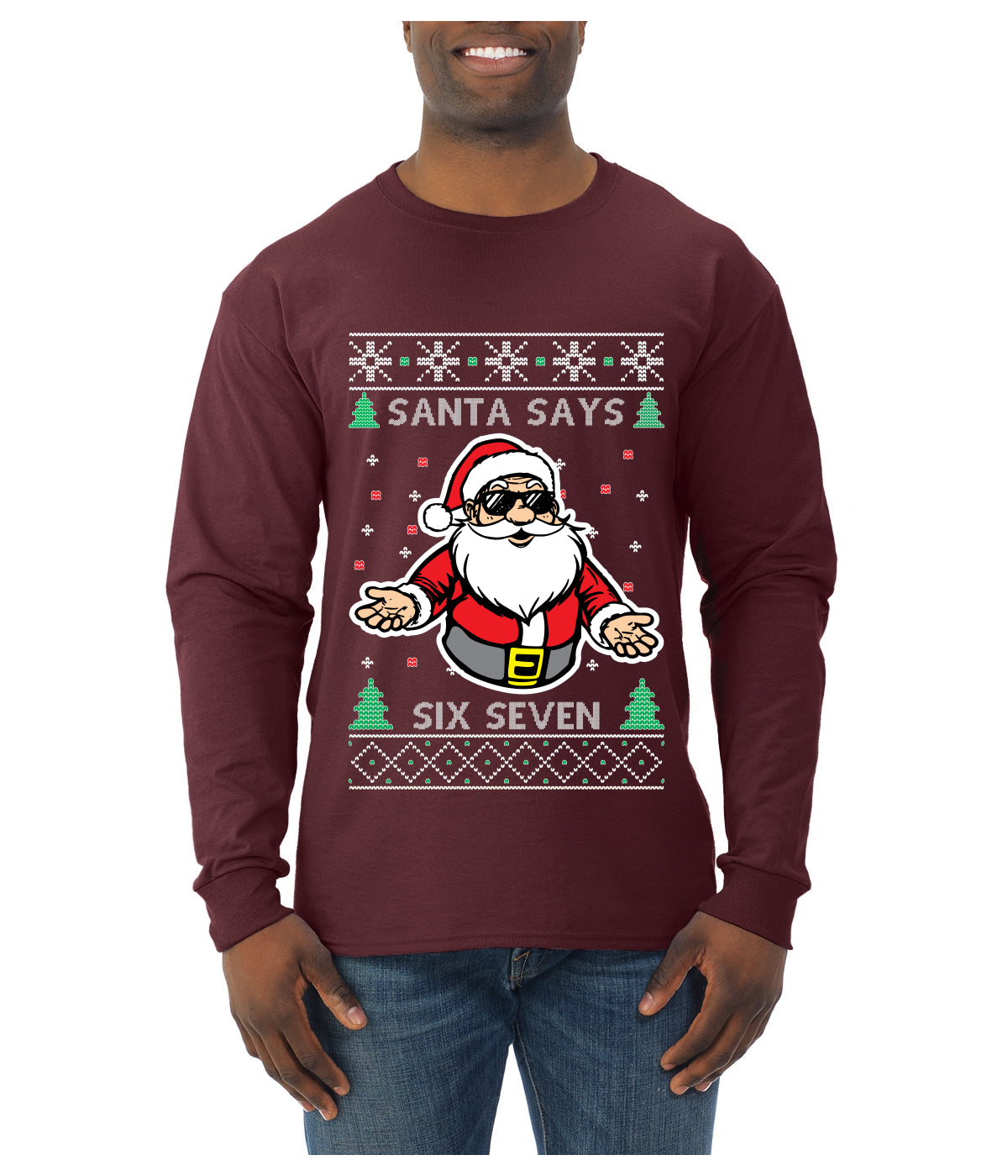 Santa Says 6 7 Meme, Ugly Christmas Sweater Unisex Mens Long Sleeve Shirt