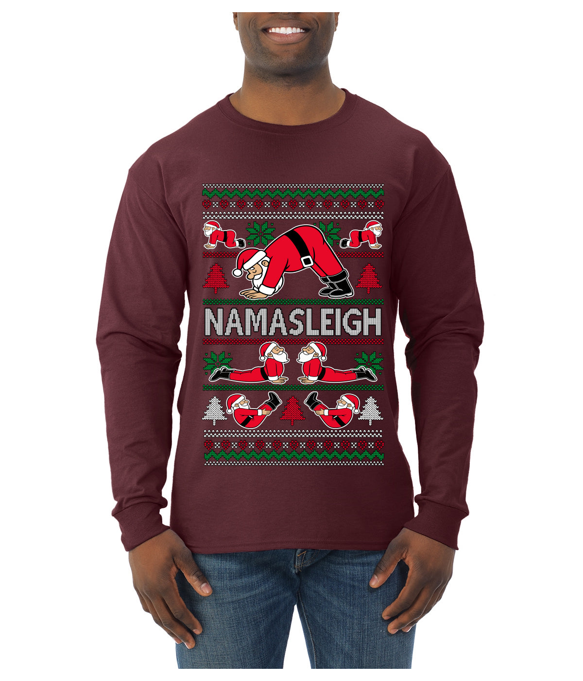 Namasleigh, Namaste Yoga Santa Claus, Ugly Christmas Sweater Unisex Mens Long Sleeve Shirt