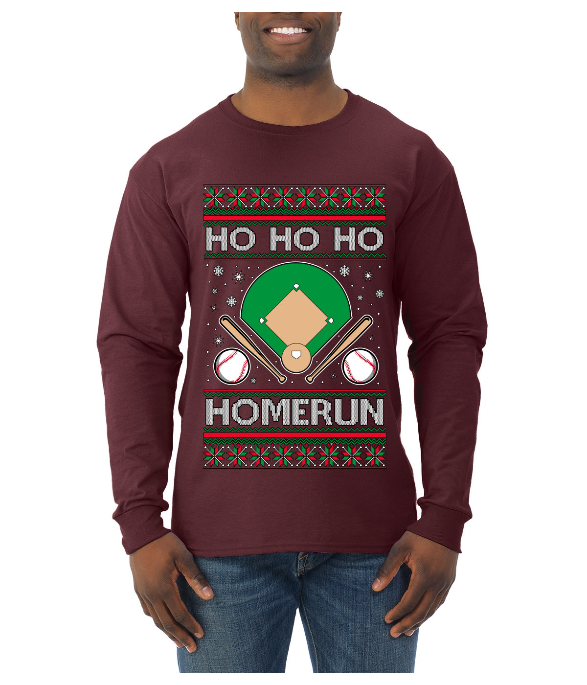 Ho Ho Ho Homerun, Baseball Fan Christmas Design, Ugly Christmas Sweater Unisex Mens Long Sleeve Shirt