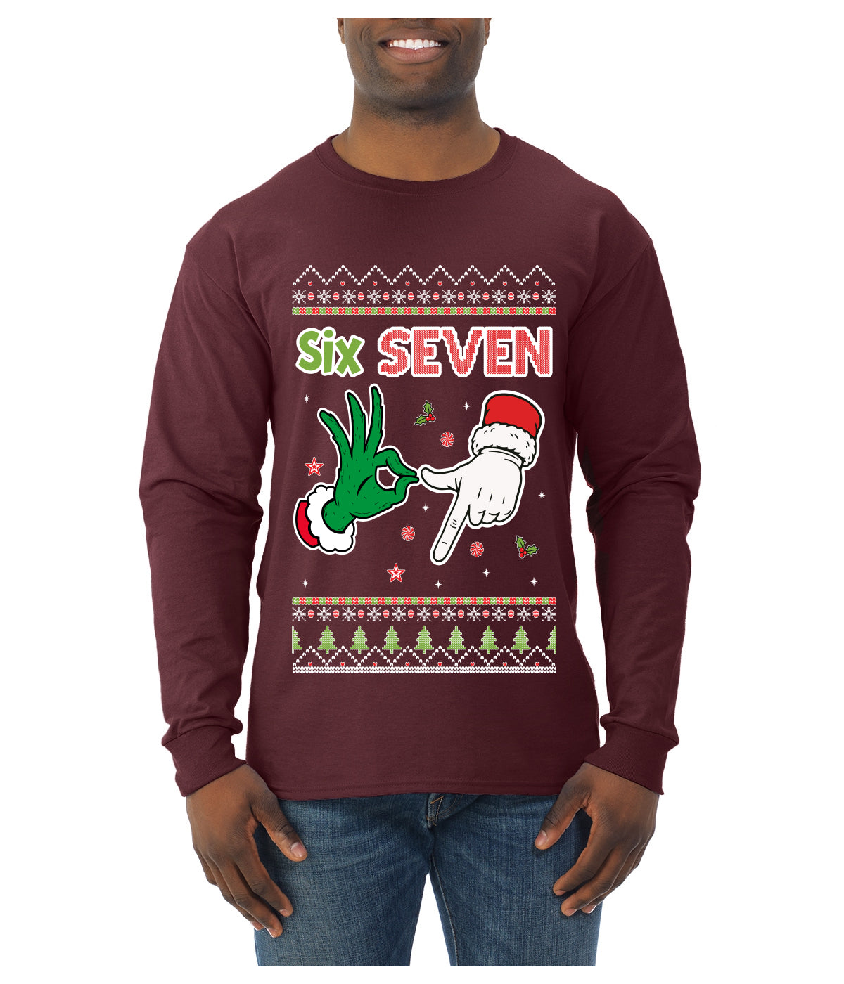 6 7 Christmas Hands, Ugly Christmas Sweater Unisex Mens Long Sleeve Shirt