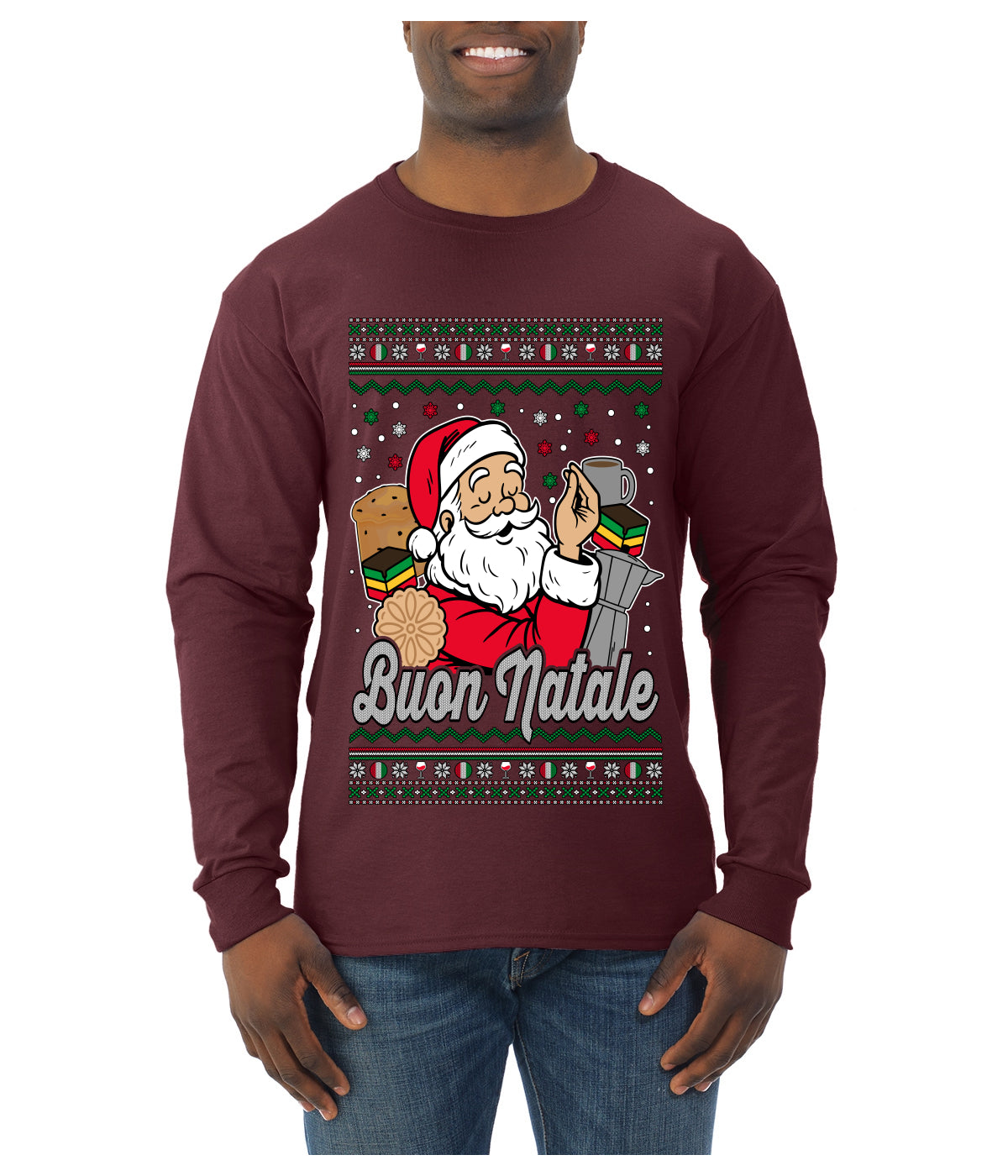 Buon Natale, Italian Santa Claus, Funny, Italian American Humor, Ugly Christmas Sweater Unisex Mens Long Sleeve Shirt