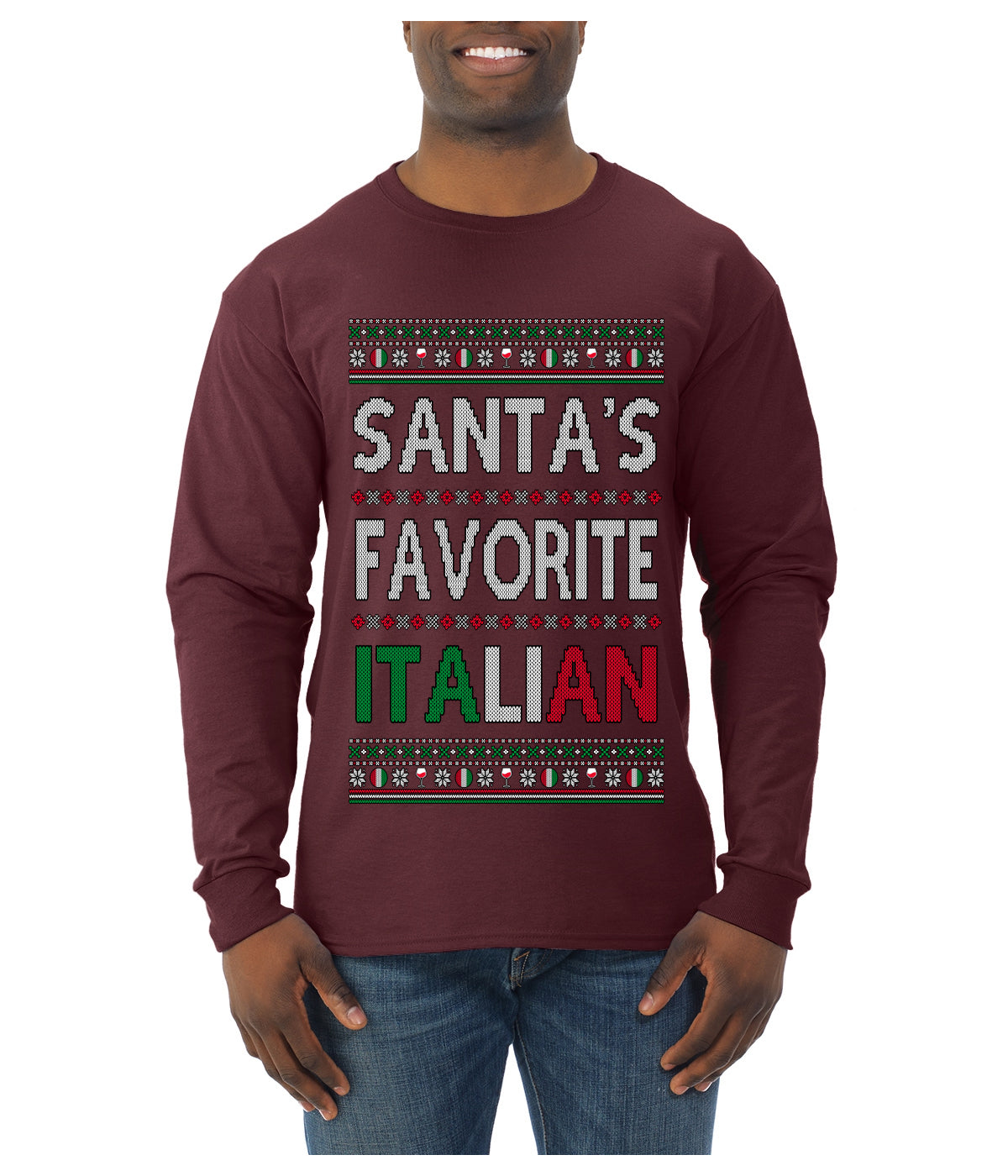 Santa's Favorite Italian, Funny Italian Christmas Sweater, Ugly Christmas Sweater Unisex Mens Long Sleeve Shirt