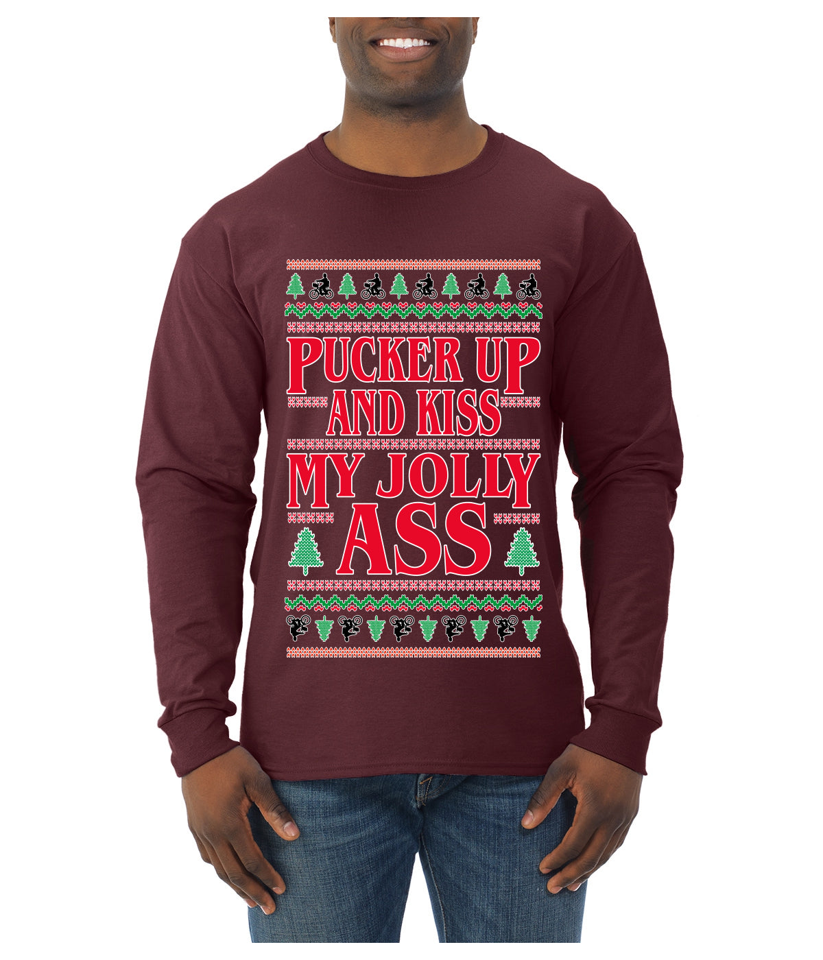 Pucker Up And Kiss My Jolly Ass, Ugly Christmas Sweater Unisex Mens Long Sleeve Shirt