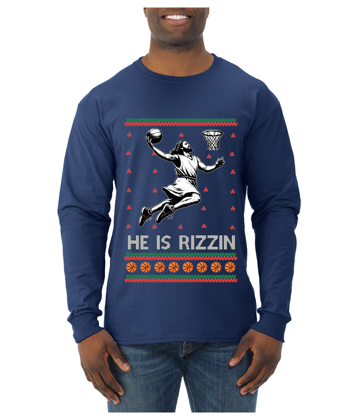 He Is Rizzin, Ugly Christmas Sweater Unisex Mens Long Sleeve Shirt
