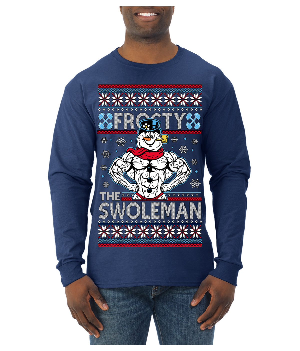 Frosty the Swoleman Funny Workout Lifting Snowman MovieUgly Christmas Sweater Mens Long Sleeve Shirt