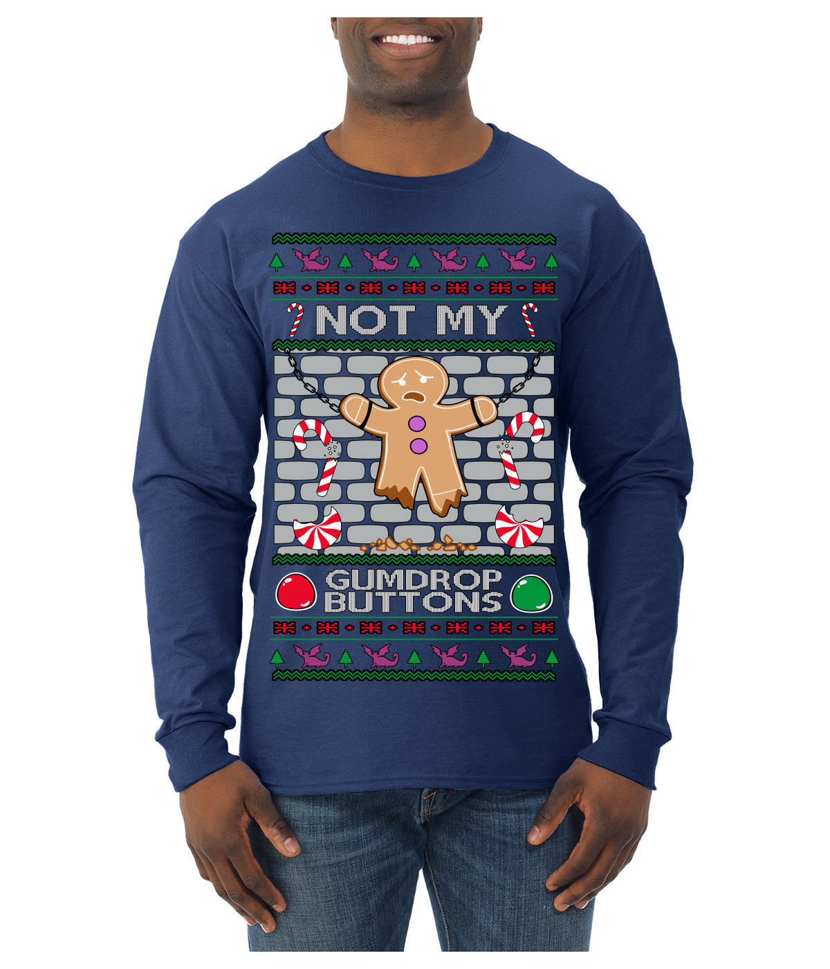 Not My Gumdrop Buttons Funny Classic Movie Quote Ugly Christmas Sweater Mens Long Sleeve Shirt