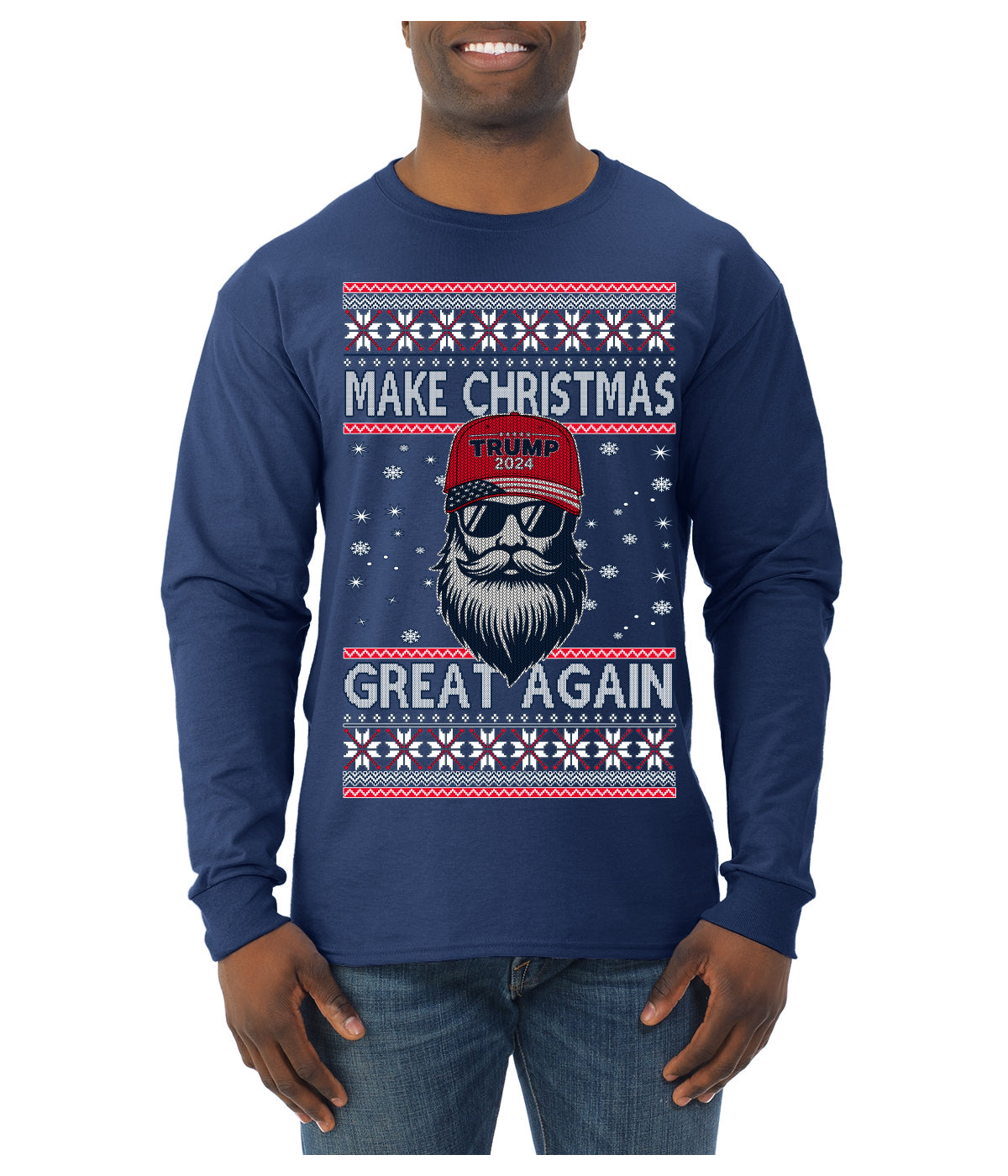 Make Christmas Great Again Trump Santa Claus 2024 MAGA,  Donald Trump JD Vance GOP Republican Ugly Christmas Sweater Mens Long Sleeve Shirt