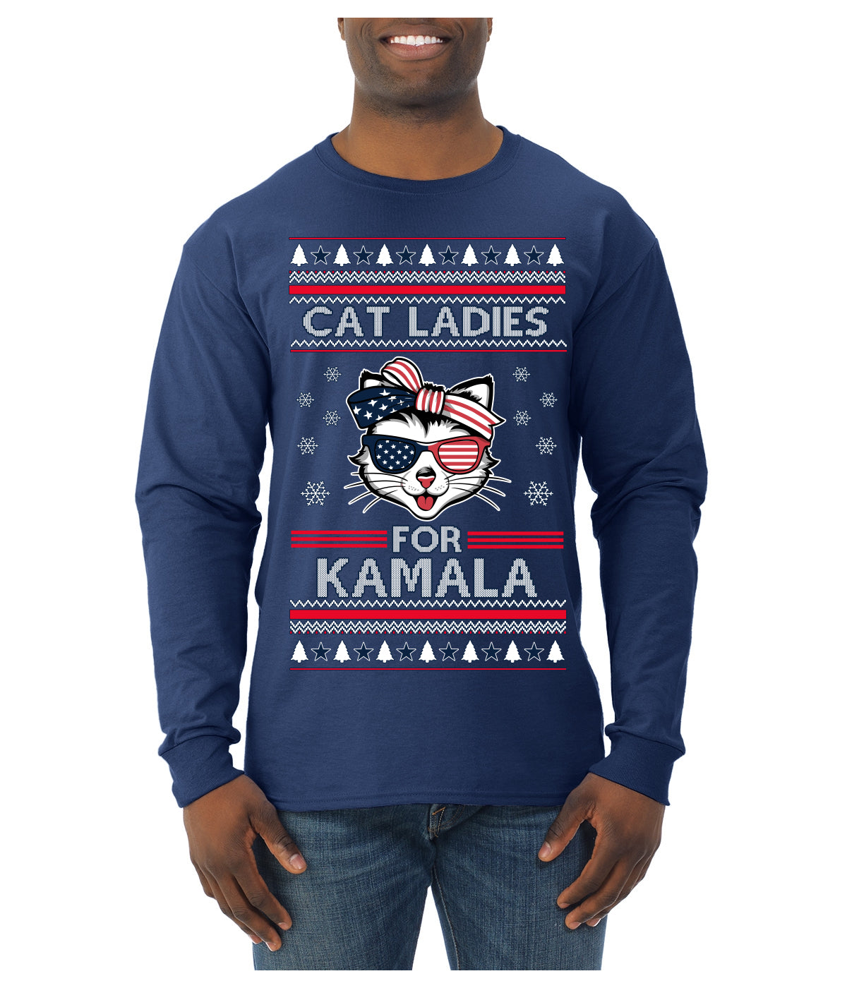 Cat Ladies for Kamala USA Glasses, Harris Tim Walz 2024 Cute USA Glasses Bow Ugly Christmas Sweater Mens Long Sleeve Shirt
