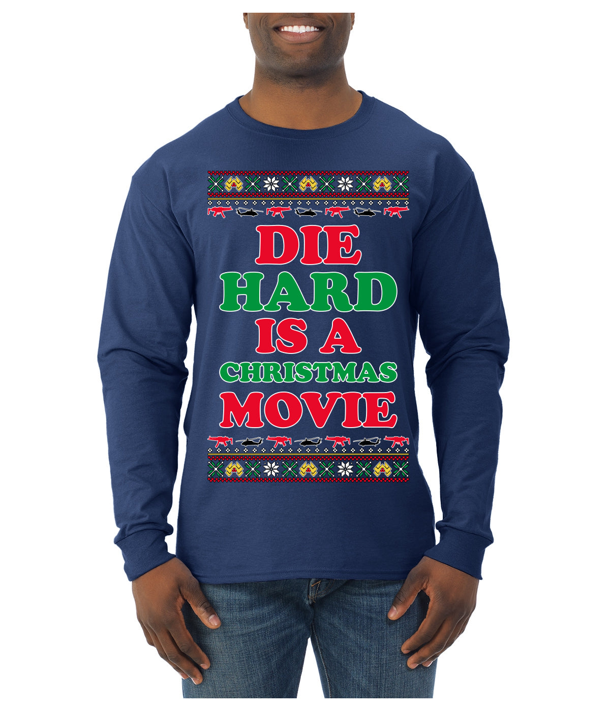 Die Hard is a Christmas Movie Classic, McClane Hans Nakatomi Plaza Xmas Party Holiday Movies Ugly Christmas Sweater Mens Long Sleeve Shirt