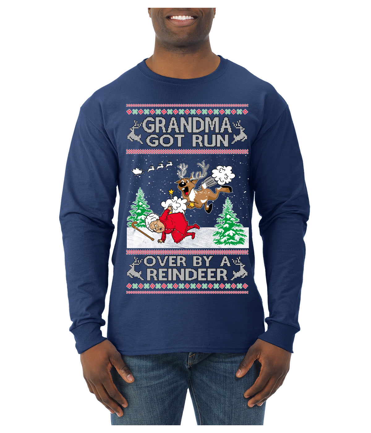 Grandma Got Run Over by a Reindeer, Funny Animated Design Rein Deer Kids TV Song Movie Ugly Christmas Sweater Mens Long Sleeve Shirt