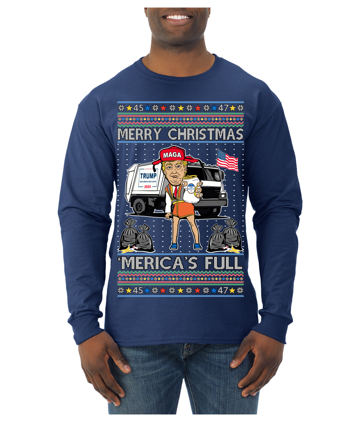 Donald Trump Merry Christmas Merica's Full Garbage Truck Ugly Christmas Sweater Mens Long Sleeve Shirt