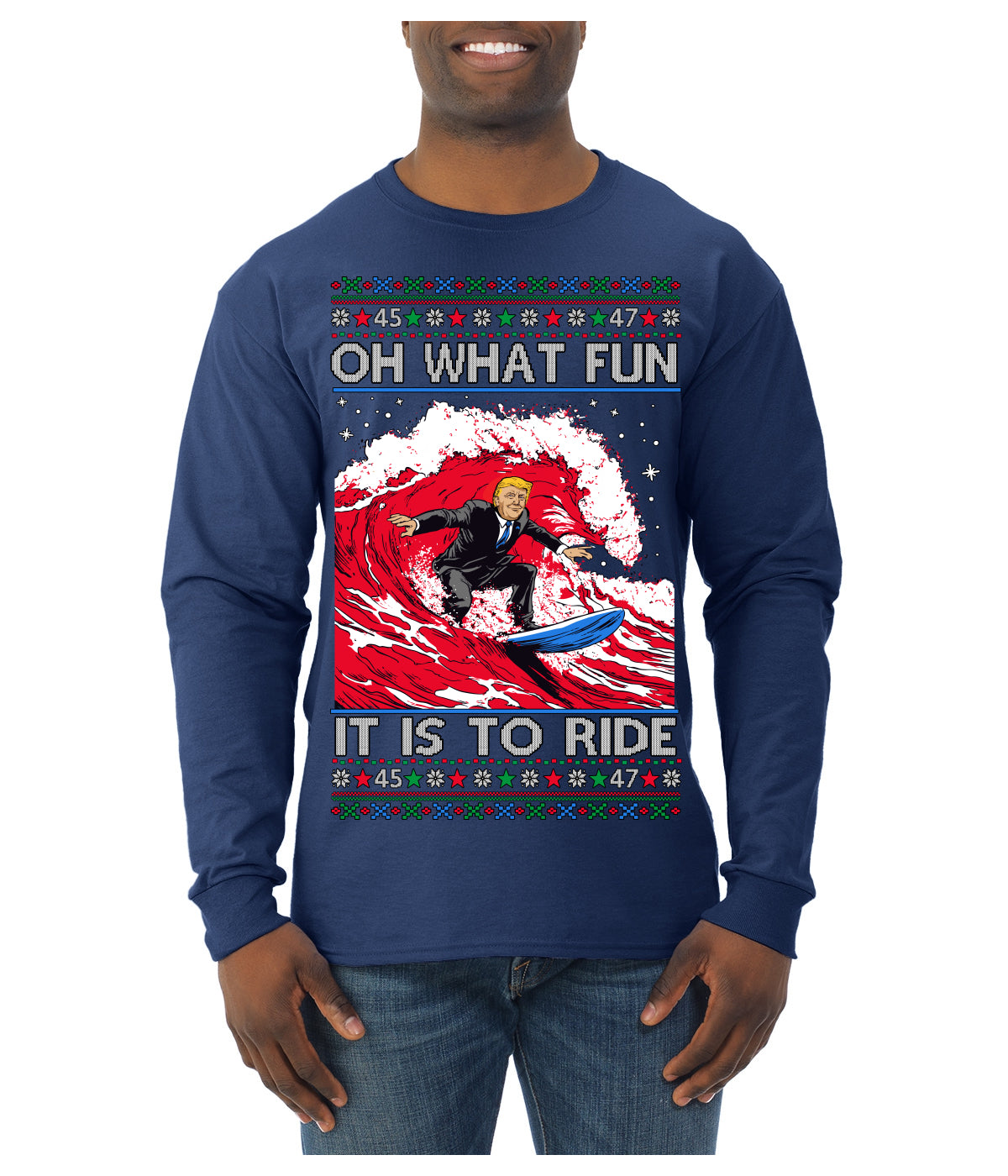 Oh What Fun It Is to Ride Donald Trump Red Wave Landslide Ugly Christmas Sweater Mens Long Sleeve Shirt
