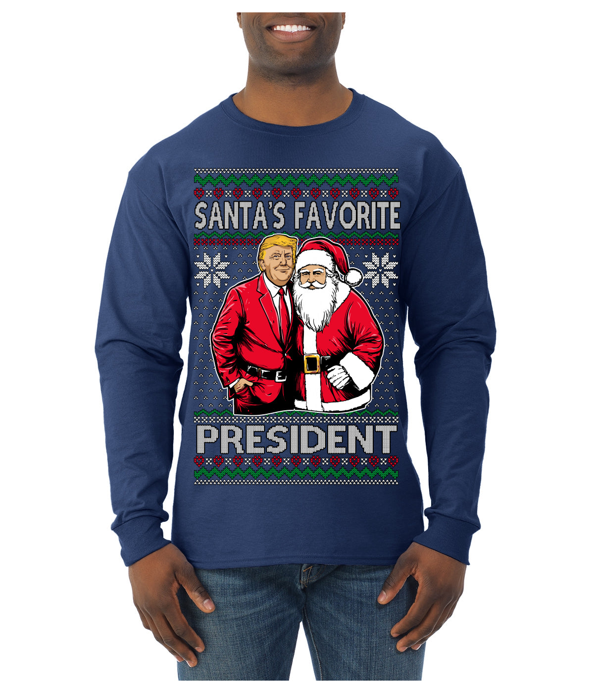 Santa's Favorite President Red Suit Trump Ugly Christmas Sweater Mens Long Sleeve Shirt