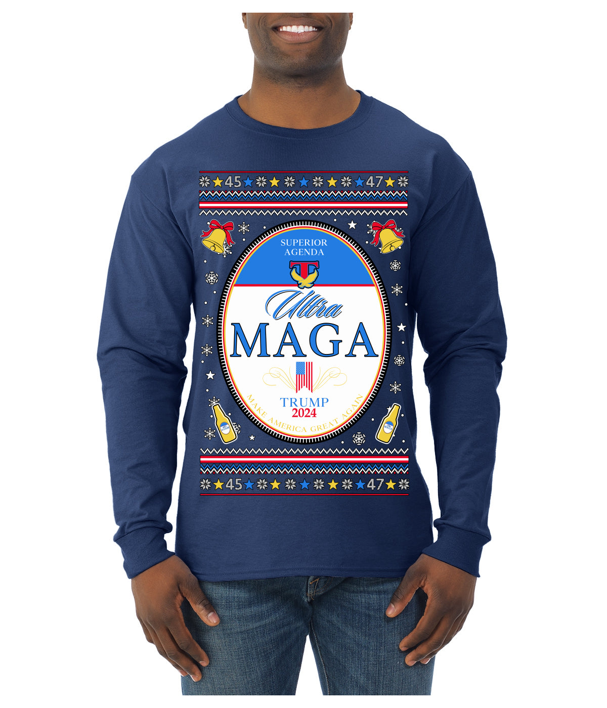 Ultra MAGA Superior Agenda Trump 2024 Funny Beer Logo Ugly Christmas Sweater Mens Long Sleeve Shirt