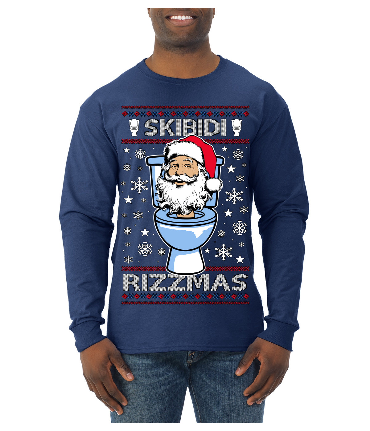 Skibidi Rizzmas Funny Toilet Video Viral Brain Rot Meme, Gen Z Alpha Slang Brainrot Memes Ugly Christmas Sweater Mens Long Sleeve Shirt