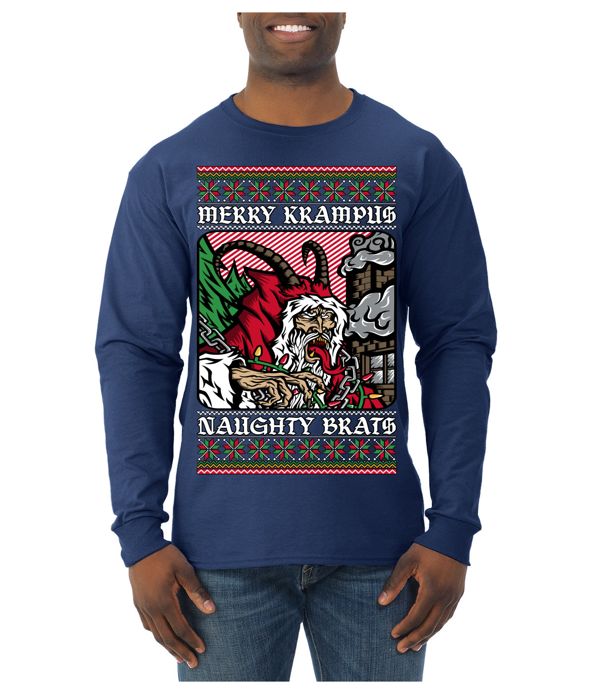 Merry Krampus Naughty Brats | Funny Ugly Christmas Sweater Mens Long Sleeve Shirt