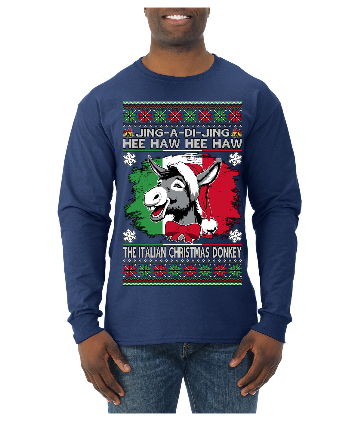 Jing a Di Jing Dominick the Italian Christmas Donkey Ugly Christmas Sweater Mens Long Sleeve Shirt