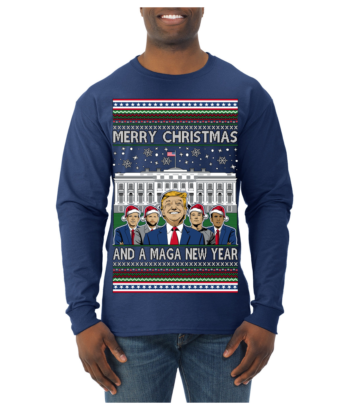 Merry Christmas and a MAGA New Year 2025 Ugly Christmas Sweater Mens Long Sleeve Shirt