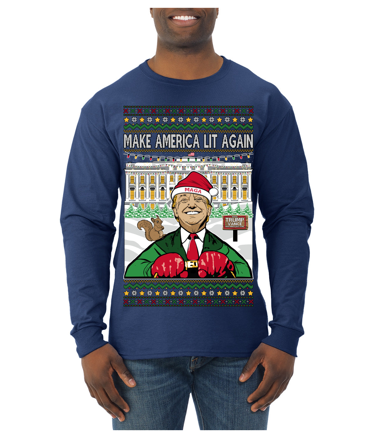 Make America Lit Again Funny Trump 2024 White House MAGA Ugly Christmas Sweater Mens Long Sleeve Shirt