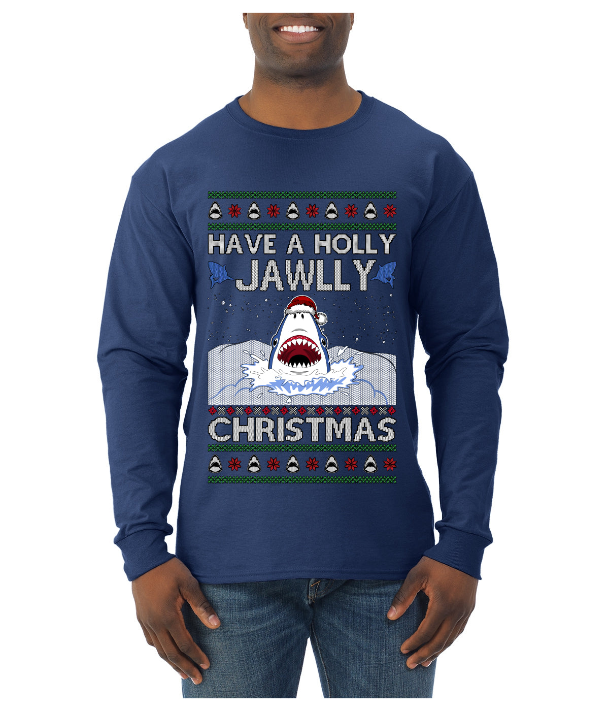 Have a Holly Jawlly Christmas, Cute Shark, Ugly Christmas Sweater Mens Long Sleeve Shirt