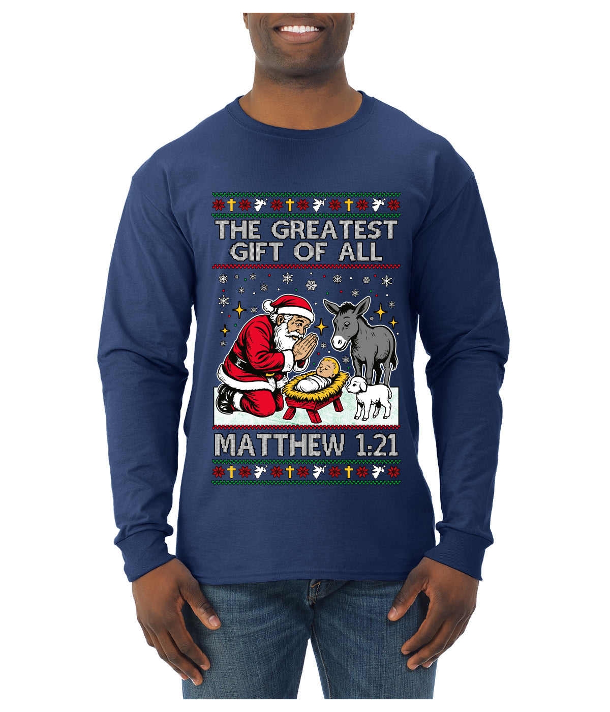 The Greatest Gift Of All Matthew 1:21, Ugly Christmas Sweater Mens Long Sleeve Shirt