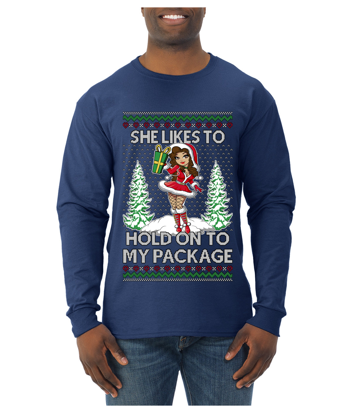 Hold My Package, Ugly Christmas Sweater Unisex Unisex Mens Long Sleeve Shirt