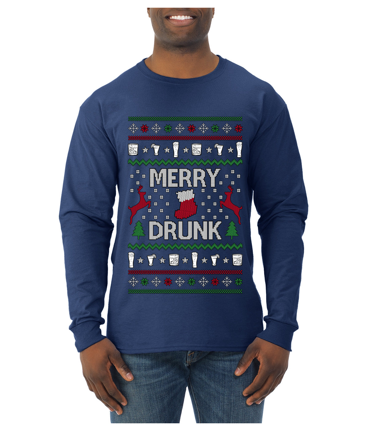 Merry Drunk, Ugly Christmas Sweater Unisex Unisex Mens Long Sleeve Shirt