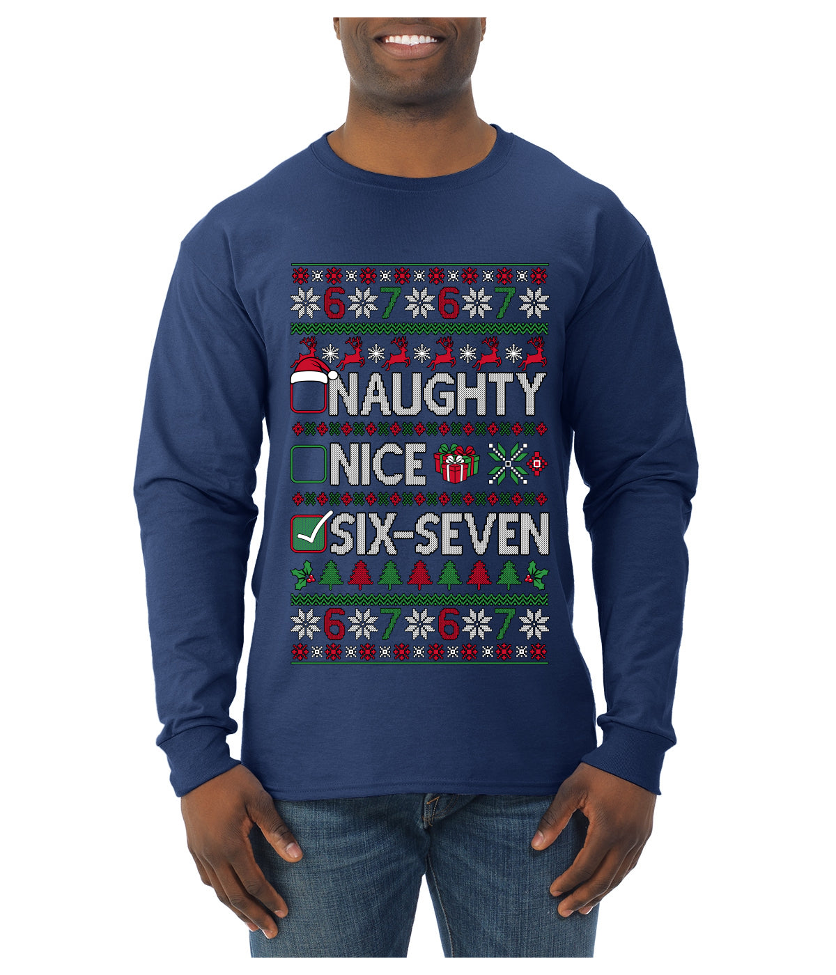 Naughty Nice 6 7 Checklist, Ugly Christmas Sweater Unisex Mens Long Sleeve Shirt